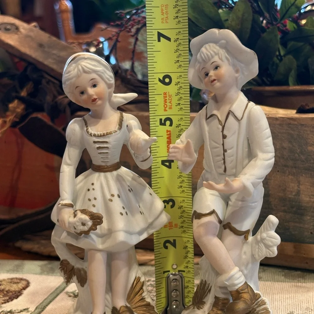 Vintage Bisque Porcelain Little Girl & Boy Figurines gold accents Made In Korea